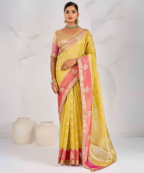 Yellow Tissue Linen Casual Wear Saree in denver