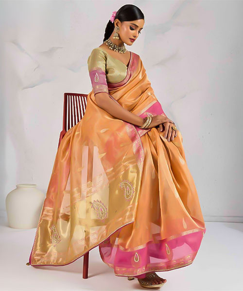 Orange  Tissue Linen Casual Wear Saree in denver