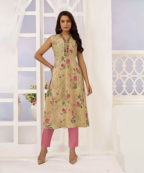 Yellow  Viscose Cotton Printed Kurti