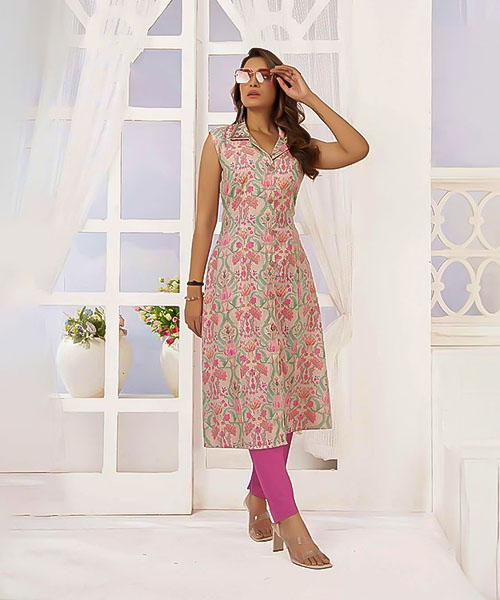 Pink Viscose Cotton Printed Kurti