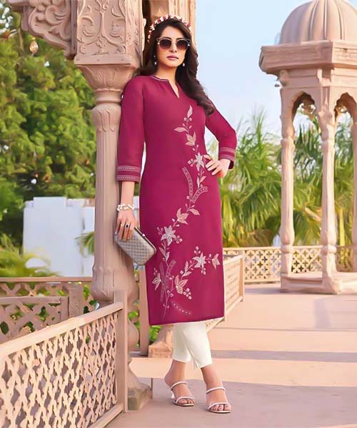 Magenta  Linen Casual Wear Kurti