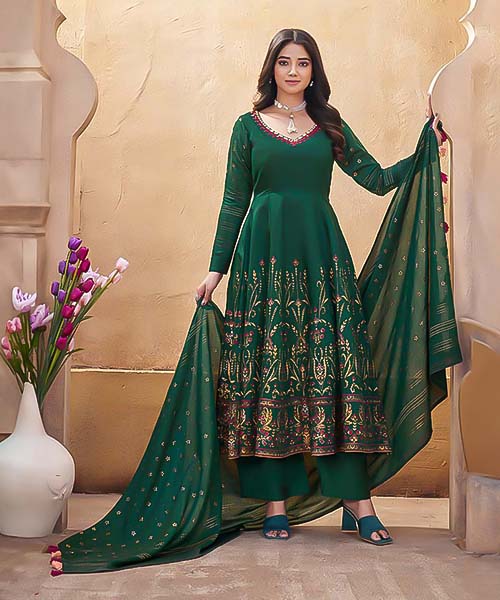 Green Roman Silk Party Wear Salwar Kameez