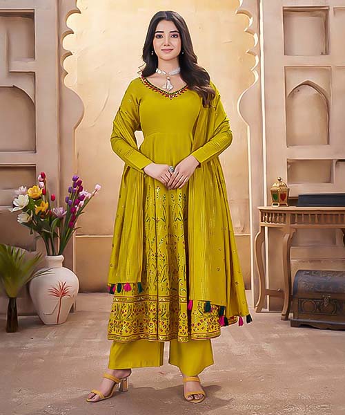 Yellow  Roman Silk Party Wear Salwar Kameez