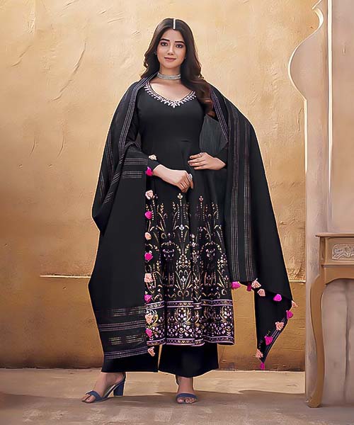 Black Roman Silk Party Wear Salwar Kameez