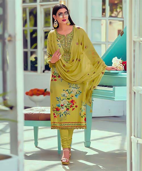 Yellow Muslin Casual Wear Salwar Kameez
