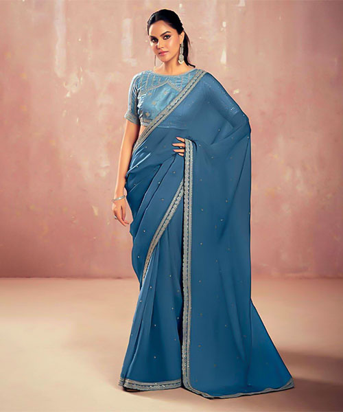 Blue  Chiffon Party Wear Saree