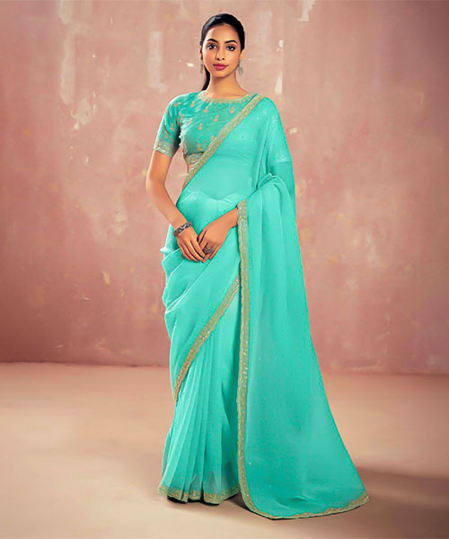 Cyan Chiffon Party Wear Saree