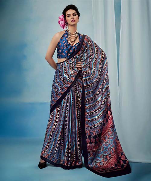 Blue  Satin Georgette Printed Saree in switzerland