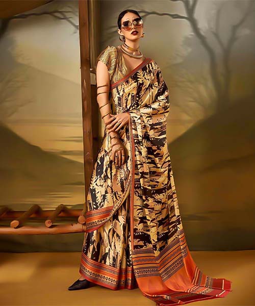 Golden  Satin Crepe Printed Saree in watford