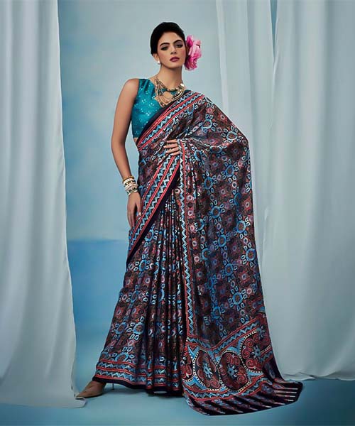 Blue  Satin Georgette Printed Saree