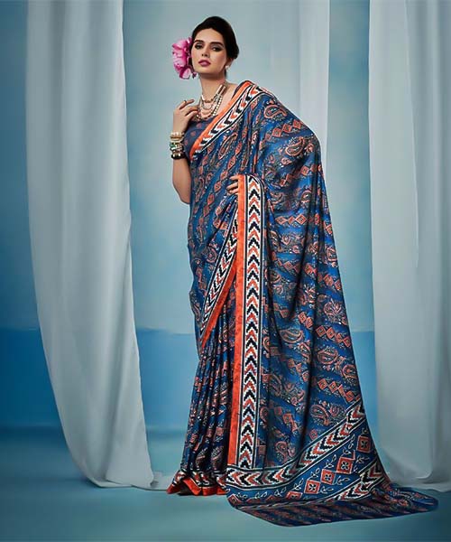 Blue  Satin Georgette Printed Saree