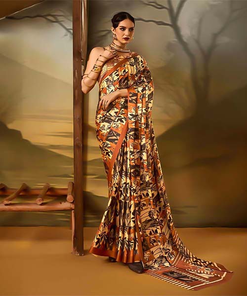 Golden  Satin Crepe Printed Saree in watford