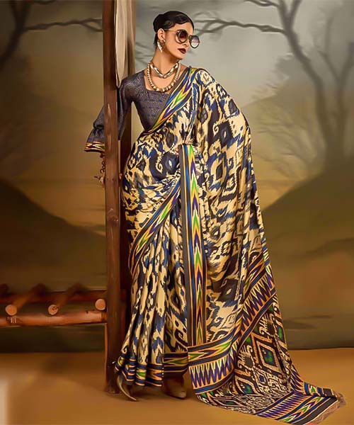 Golden  Satin Crepe Printed Saree in watford