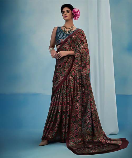 Green  Satin Georgette Printed Saree