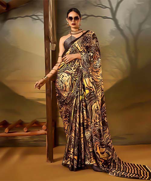 Golden  Satin Crepe Printed Saree in watford