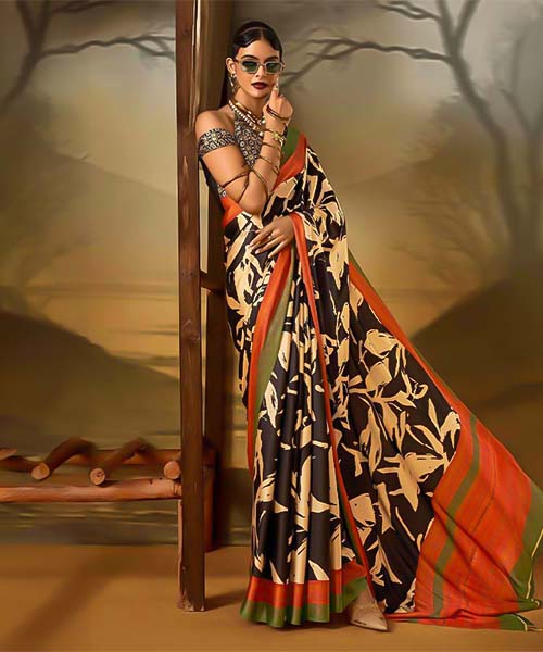 Golden  Satin Crepe Printed Saree in watford