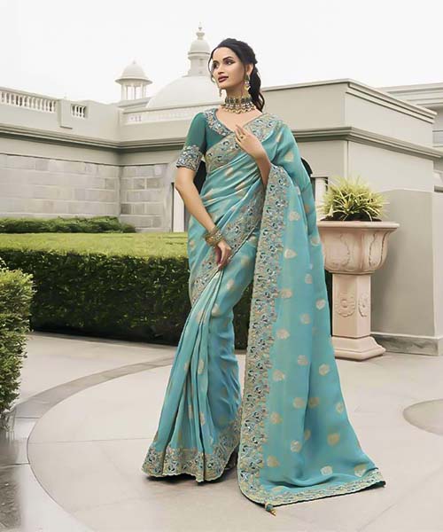 Cyan Tissue Silk Designer Saree in newport