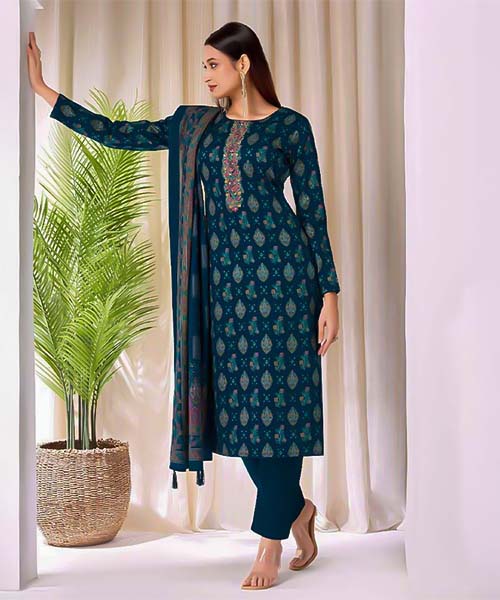 Blue Jam Satin Casual Wear Salwar Kameez in oxford