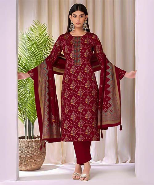 Red Jam Satin Casual Wear Salwar Kameez in oxford