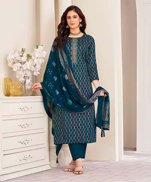 Blue Jam Satin Casual Wear Salwar Kameez