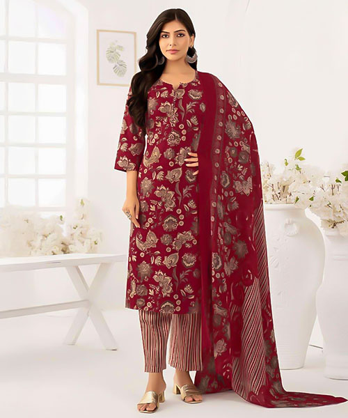 Red  Cotton  Casual Wear Salwar Kameez