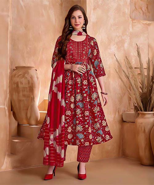 Red  Viscose Printed Salwar Kameez in oxford