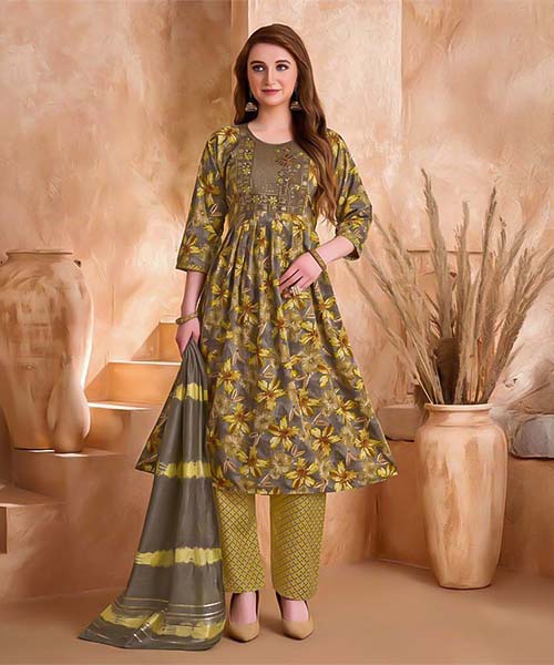 Yellow Viscose Printed Salwar Kameez in oxford