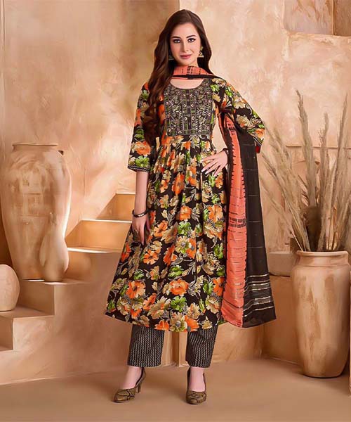 Brown Viscose Printed Salwar Kameez in oxford