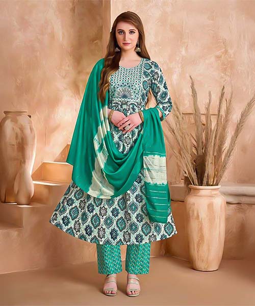 Cyan Viscose Printed Salwar Kameez in oxford