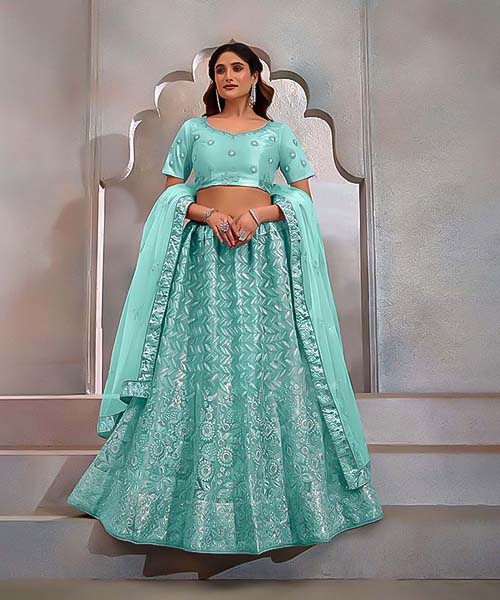 Cyan Butterfly Net Designer Lehenga