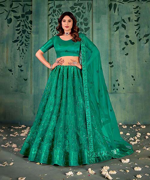 Green Butterfly Net Party Wear Lehenga