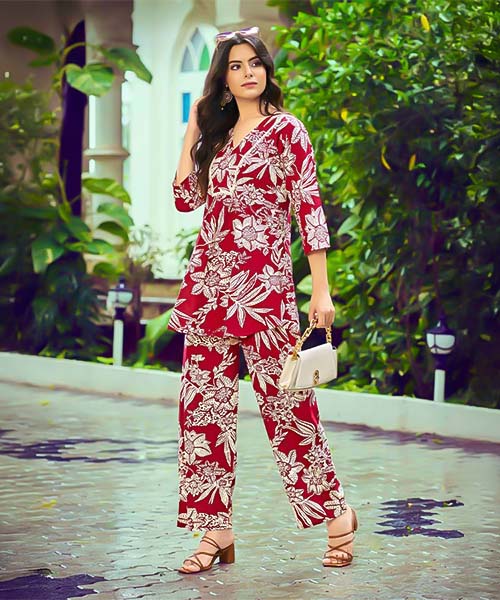 Red  Rayon Printed Kurti