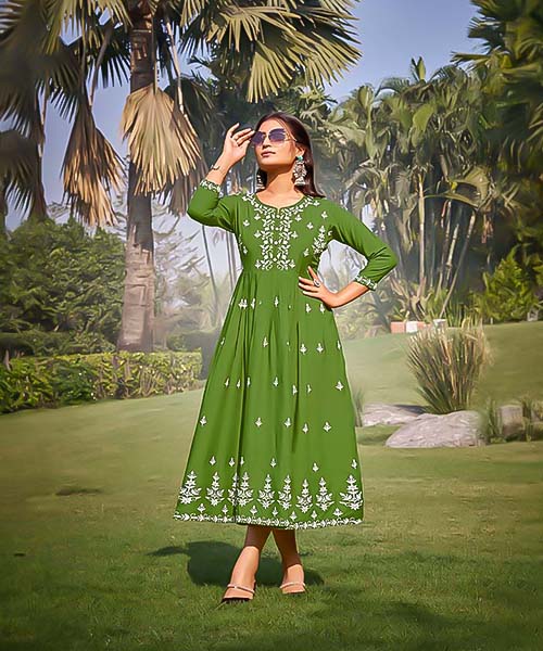 Green Rayon Casual Wear Kurti