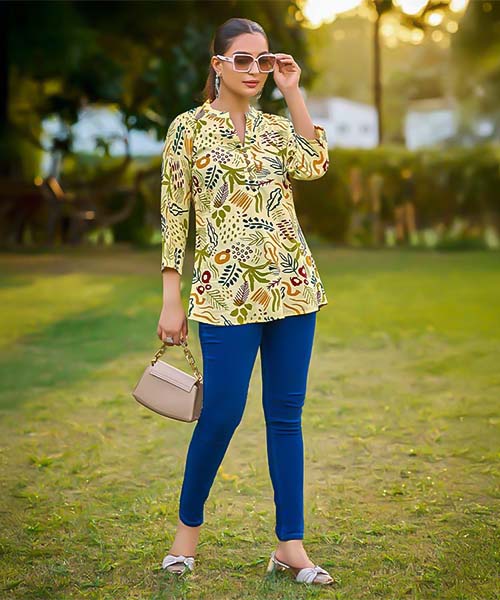 Yellow Rayon Printed Kurti in australia
