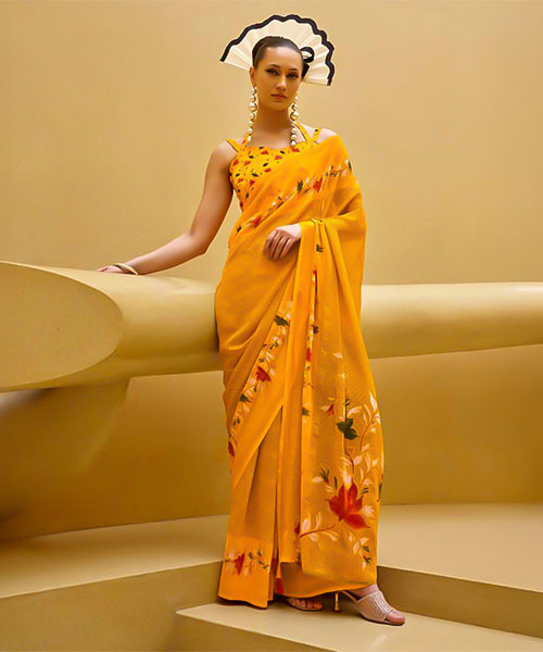 Yellow Georgette Casual Wear Saree in indianapolis