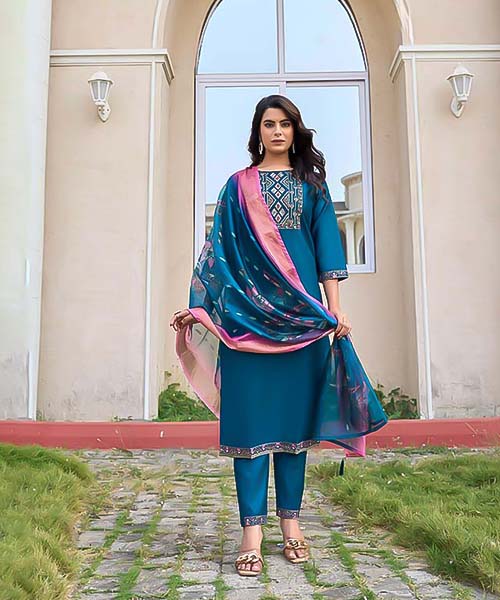 Blue Gadhwal Silk Casual Wear Kurti