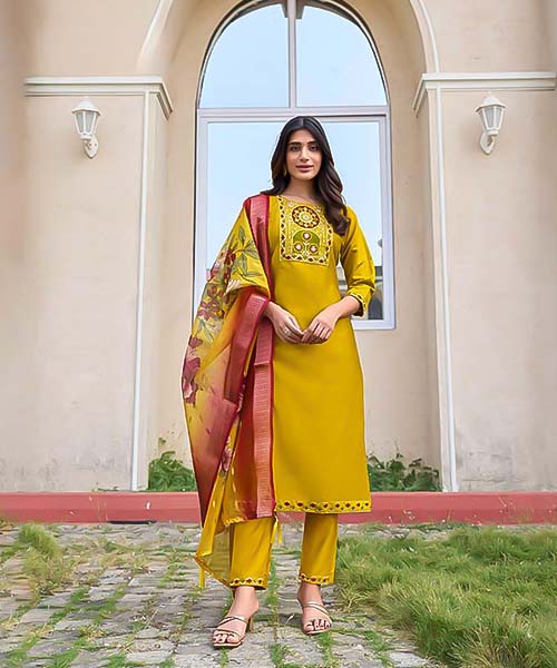 Yellow  Gadhwal Silk Casual Wear Kurti