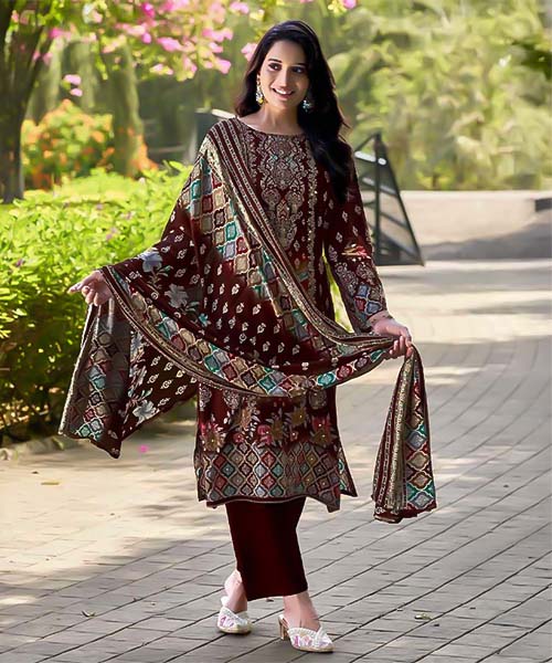 Brown Viscose Rayon Casual Wear Salwar Kameez