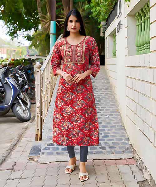 Red  Rayon Printed Kurti in ipswich