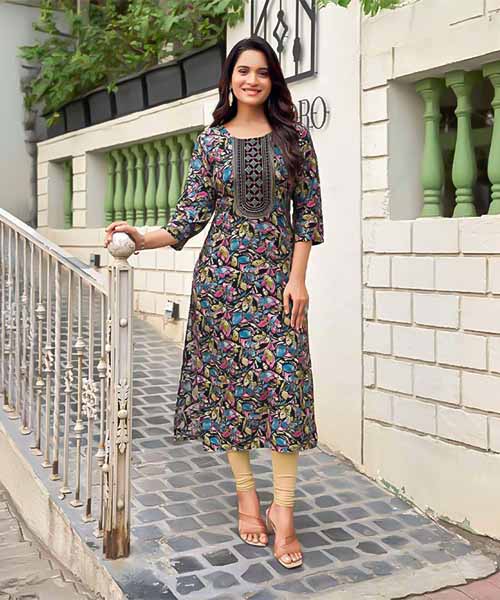 Black  Rayon Printed Kurti