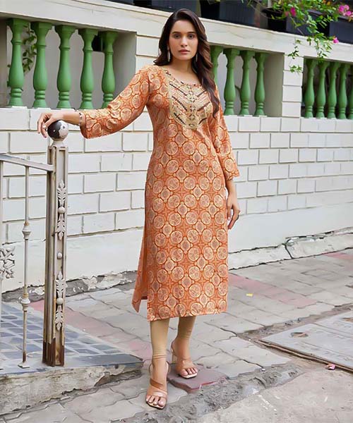 Orange  Rayon Printed Kurti