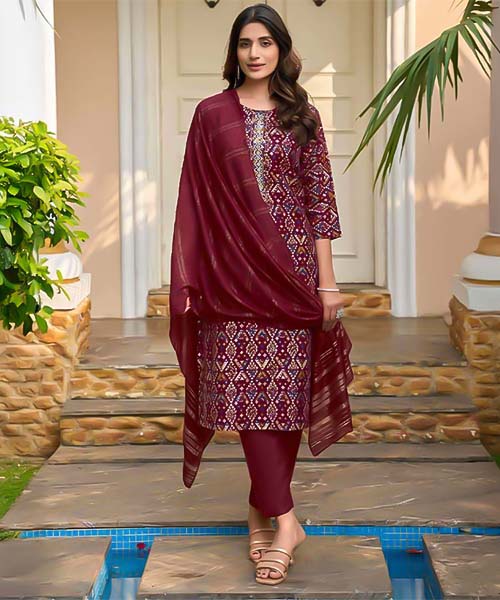 Red  Modal Chanderi Casual Wear Salwar Kameez in northampton