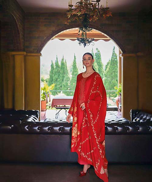 Red Viscose Muslin Designer Salwar Kameez