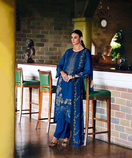 Blue  Viscose Muslin Designer Salwar Kameez