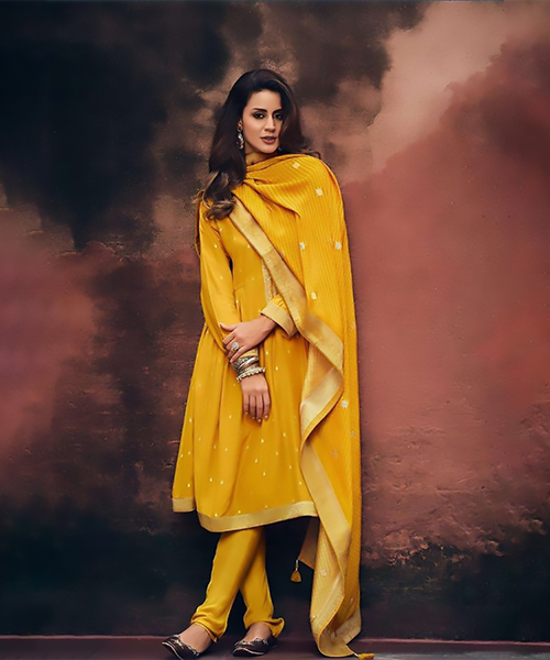 Yellow Muslin Designer Suit