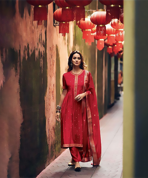 Red Muslin Designer Suit