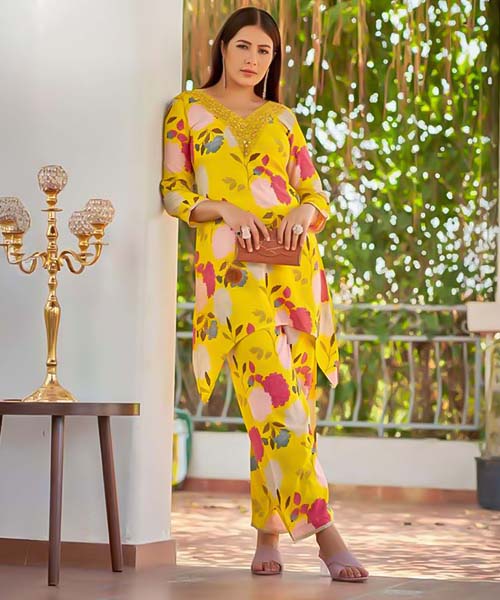 Yellow  Viscose Rayon Printed Kurti