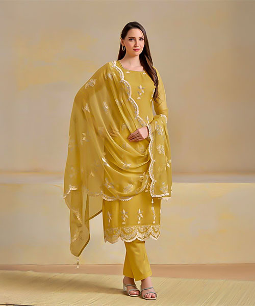 Yellow Organza Chiffon Party Wear Salwar Kameez in oxford