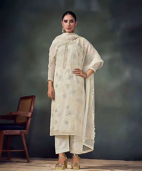 White Twinkle Chiffon Designer Salwar Kameez