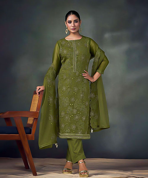 Olive Green Twinkle Chiffon Designer Salwar Kameez